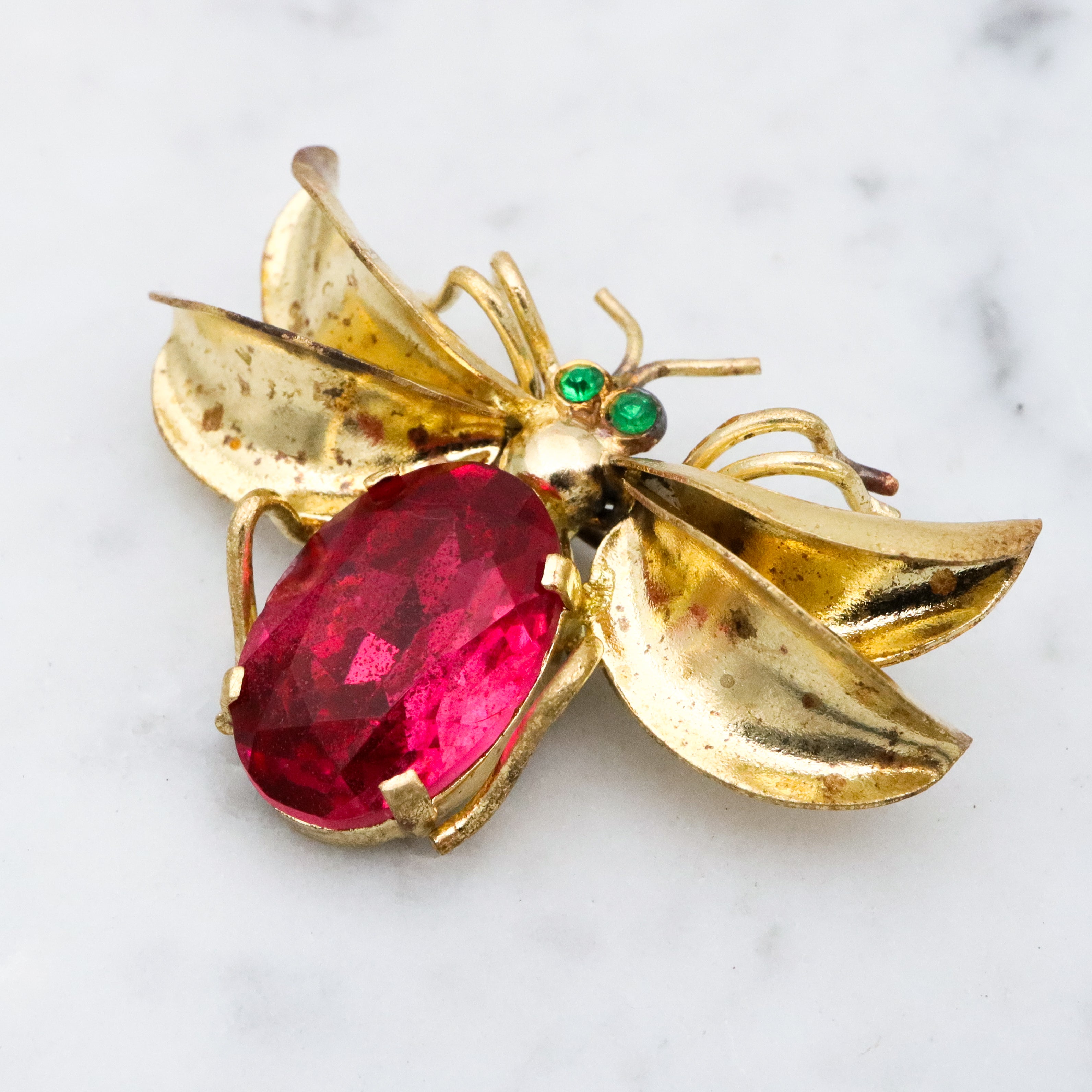 Antique Czech crystal gold plated winged insect brooch